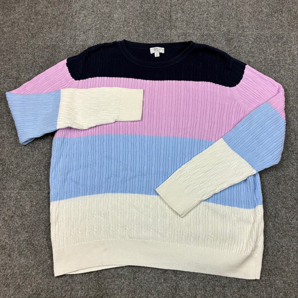 Kim Rogers Womens Size XL Cable Knit Cotton Sweater Colorblock Striped Crew Neck